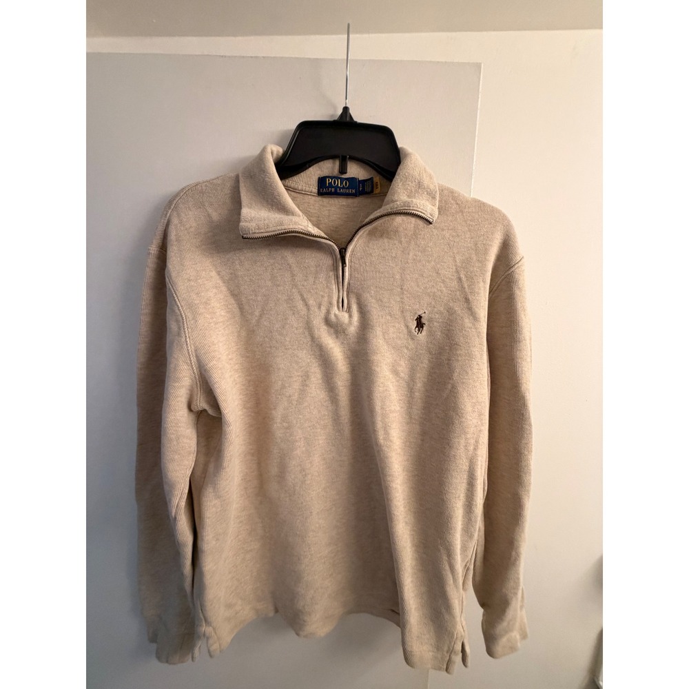 Polo Ralph Lauren Mens Small Beige Tan Cotton Quarter Zip Pullover Sweater